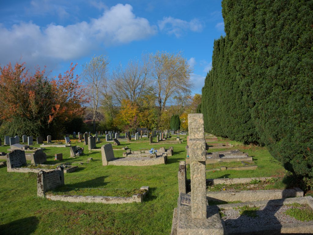 Cemetery showing graves and trees.