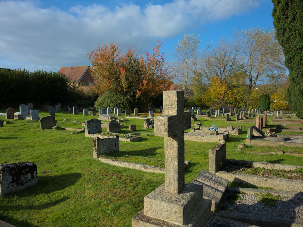 Cemetery showing graves and grass