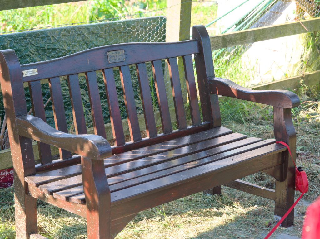 Seat at the allotments donated by the Heritage Society and refurbished by the Mens Shed