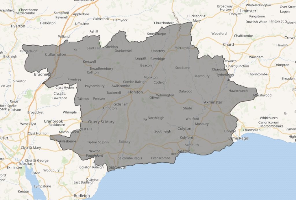 Map of Honiton and Sidmouth constituency. Sourced from Wikipedia