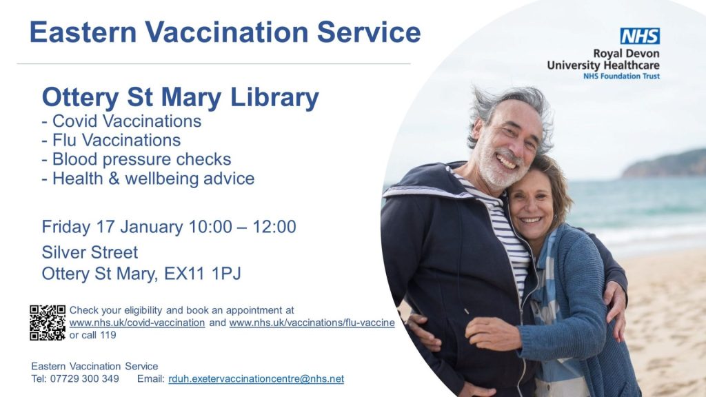 Poster explaining that Covid vaccinations, Flu vaccinations, Blood Pressure checks and Health & Wellbeing advice are available from Ottery Library on Friday 17 January from 10am until noon.  Check eligibility and book an appointment at www.nhs.uk/covid-vaccination and www.nhs.uk/vaccinations/flu-vaccine 